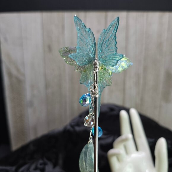 Handmade Delicate Elven Moonlit Butterfly Hair Stick w/ Wings and Crystals Gift - Picture 7 of 9